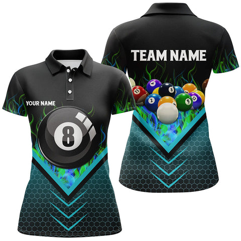 Maxcorners Personalized Fire Hive Blue 8 Ball Billiard 3D Polo Shirts For Women