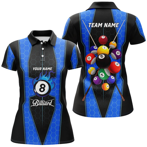 Maxcorners Personalized Style Blue Fire 8 Ball Billiard 3D Polo Shirts For Women