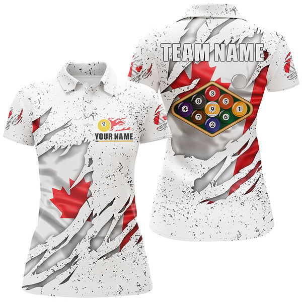 Maxcorners Billiards Balls Canadian Flag White Grunge Custom Billiard Polo Shirts For Women, 9 Ball Pool Shirts