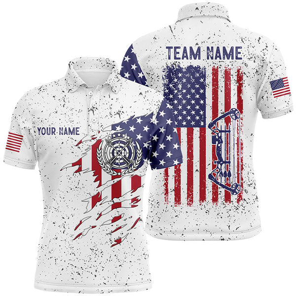 Maxcorners Personalized White Grunge Us Flag Target Archery 3D Polo Shirts For Men, Custom Bow Archery Shirts