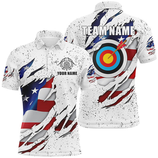 Maxcorners Personalized White Grunge Us Flag Target Archery 3D Polo Shirts For Men, Custom Archery Team Shirts