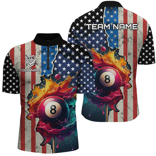 Maxcorners Personalized Us Flag Billiard 3D Polo Shirts For Men, Colorful Paint Splash 8 Ball Billiard Jerseys