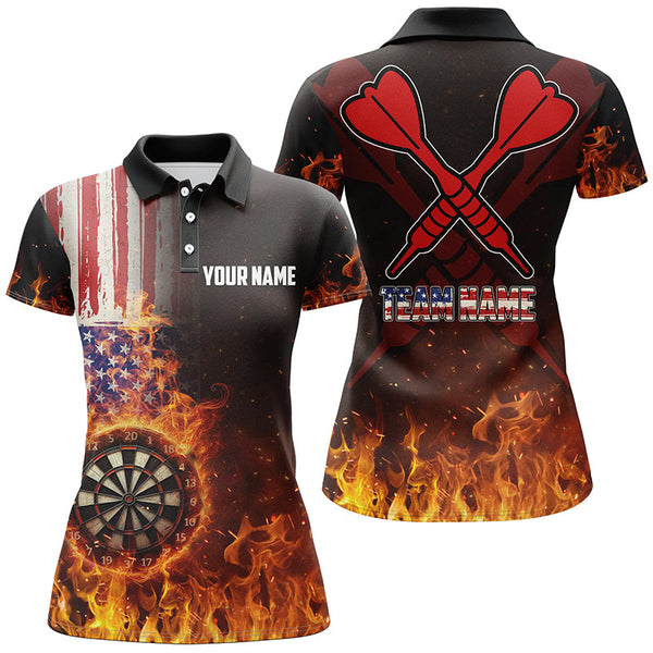 Maxcorners Personalized Us Flag Fire Dartboard Dart 3D Polo Shirt For Women, Custom Patriotic Women Dart Jerseys