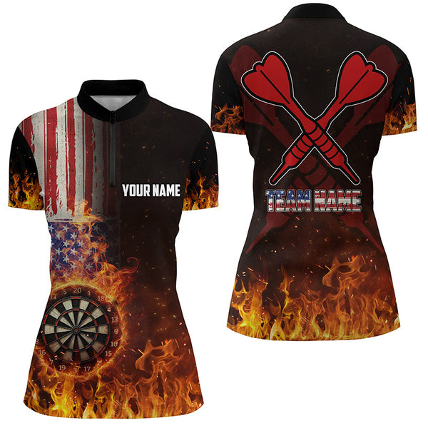 Maxcorners Personalized Us Flag Fire Dartboard Dart 3D Polo Shirt For Women, Custom Patriotic Women Dart Jerseys