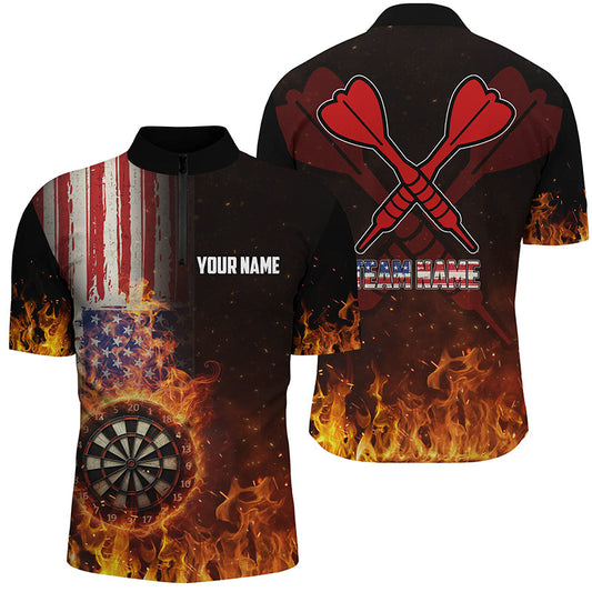 Maxcorners Personalized Us Flag Fire Dartboard Dart 3D Polo Shirts For Men, Custom Patriotic Mens Dart Jerseys