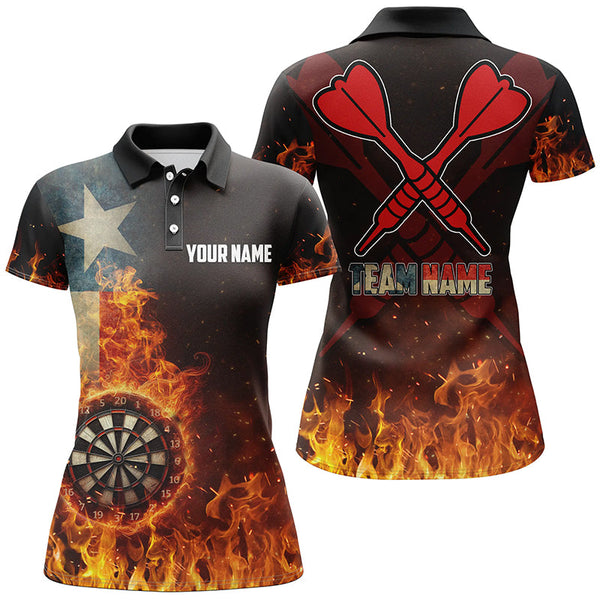 Maxcorners Personalized Texas Flag Fire Dartboard Dart Polo Shirt For Women, Custom Patriotic Women Dart Jerseys