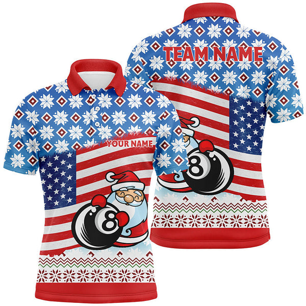 Maxcorners Personalized US Flag 8 Ball Pool With Santa Christmas Billiard Polo Shirts