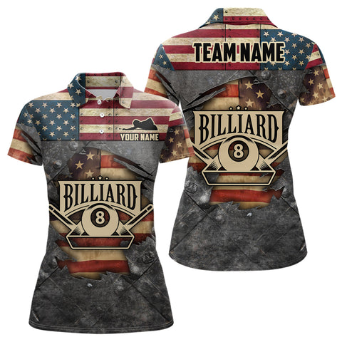 Maxcorners Billiards Vintage Us Flag Custom Billiard 3D Polo Shirts For Women, Custom 8 Ball Pool Team Shirts