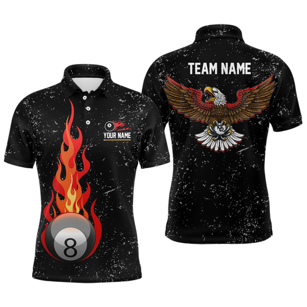 Maxcorners Personalized Grunge Black Flame 8 Ball Pool Polo Shirts Custom Eagle Billiard 8 Ball Shirt For Men And Women