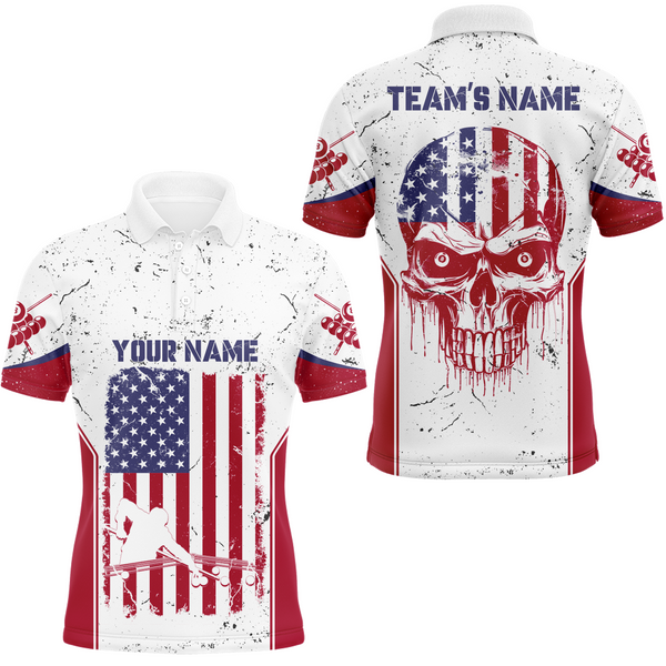 Maxcorners Billiard Patriotic Skull Flag White Grunge Custom Billiard 3D Polo Shirts