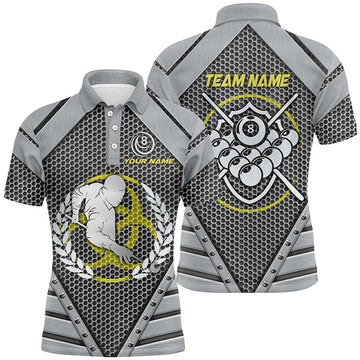 Maxcorners Personalized Silver Billiard Ball Polo Shirts For Men, Custom Billiard Polo Shirts For Pool Player