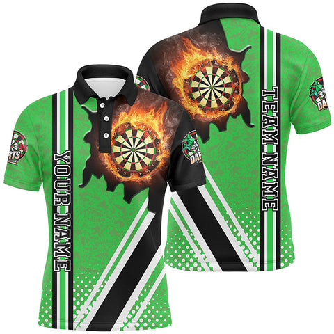 Personalized Black Green Darts Board Fire Flame Men Darts Polo Shirts