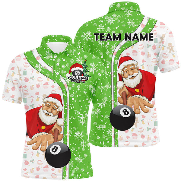 Maxcorners Funny Christmas Santa Play Pool Personalized Green Billiard 8 Ball Snowflake Polo Shirts