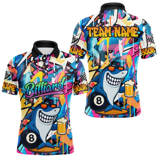 Maxcorners Funny Shark Colorful Graffiti Style Custom 8 Ball Billiard Shirt For Men Best Billiard Team Jersey