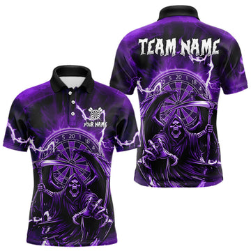 Maxcorners Purple Grim Reaper Lightning 3D Darts Shirt For Men Custom Darts Jersey Team Polo & 1/4 Zip LM1903