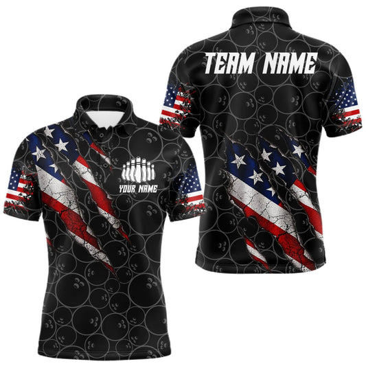 Maxcorners Custom Black Grunge American Flag Bowling Shirt For Men, Patriotic Bowling League Team Jersey LM0510