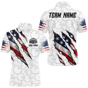 Maxcorners Custom White Grunge American Flag Bowling Shirt For Men, Patriotic Bowling League Team Jersey LM0510