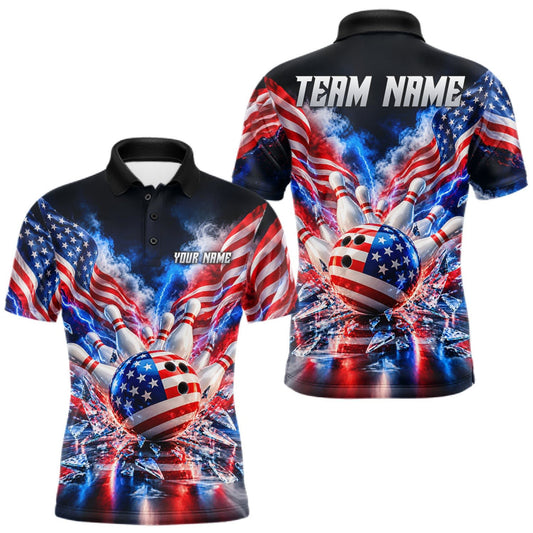 Maxcorners Custom Shattered Glass Smoke American Flag Bowling Jersey For Men, Patriotic Bowling Team Shirts LM0510