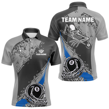 Maxcorners 8 Ball Skeleton Custom Billiard Polo & 1/4 Zip For Men, Funny 8 Ball Pool Billiard Jersey|Blue LM1904