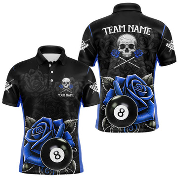 Maxcorners Black And Blue 8 Ball Pool And Roses Custom Skull Billiard Shirts For Men, Billiard Team Jersey LM0404
