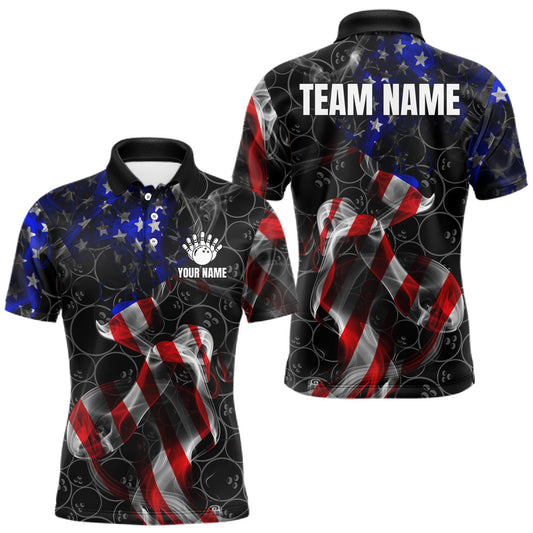 Maxcorners Custom American Flag Smoke Bowling Shirt For Men, Patriotic Team Bowling Jersey Polo & 1/4 Zip LM0404