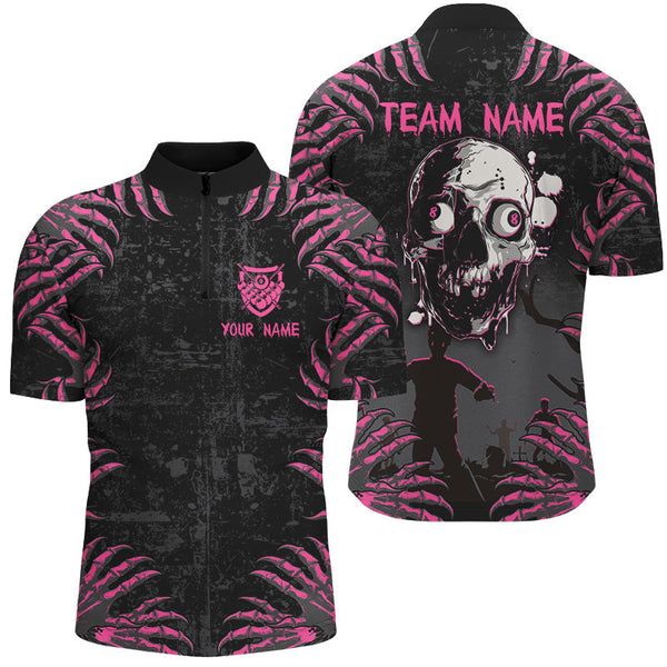 Maxcorners Funny Skull Claw Pattern Custom Billiard Shirts, Grunge Pink Black Halloween Billiard Jerseys