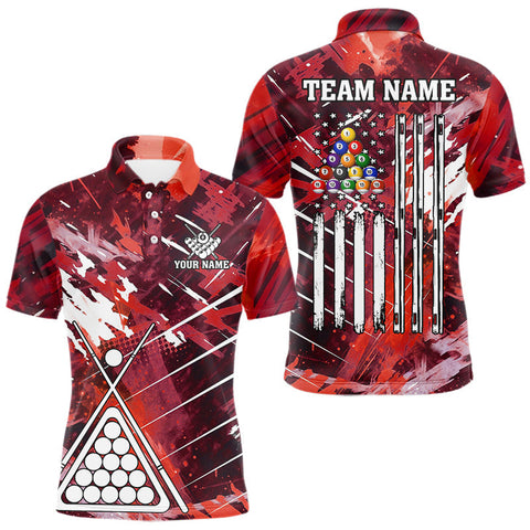 Maxcorners Red Grunge US Flag Billiard Shirt For Men Custom 8 Ball Pool Team Shirt, Funny Billiard Jersey LM0910
