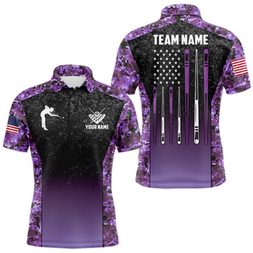 Maxcorners Custom Purple Camo US Flag 8 Ball Pool Shirt For Men, Billiard Team Jersey Polo & 1/4 Zip LM0510