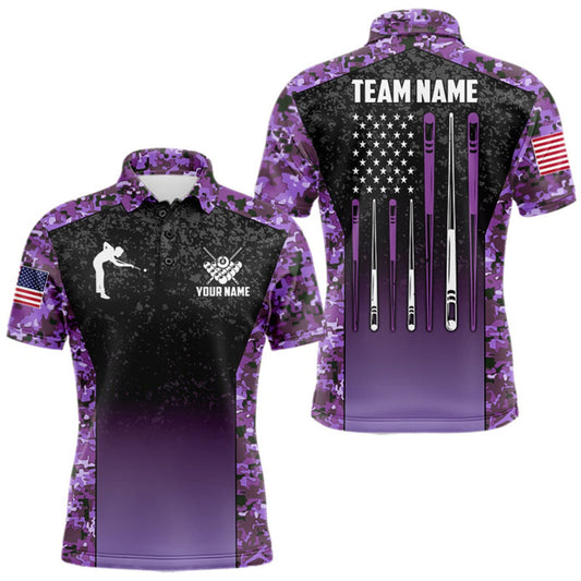 Maxcorners Custom Purple Camo US Flag 8 Ball Pool Shirt For Men, Billiard Team Jersey Polo & 1/4 Zip LM0510