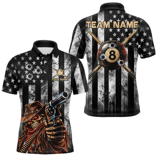 Maxcorners Gun Cowboy Skeleton 8 Ball Pool Billiard Shirt For Men Retro Billiards 1/4-Zip Polo Jersey LM0510
