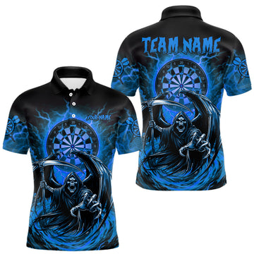 Maxcorners Personalized Blue Grim Reaper Lightning Darts Shirt For Men, Darts Team Jersey Polo & 1/4 Zip LM0602