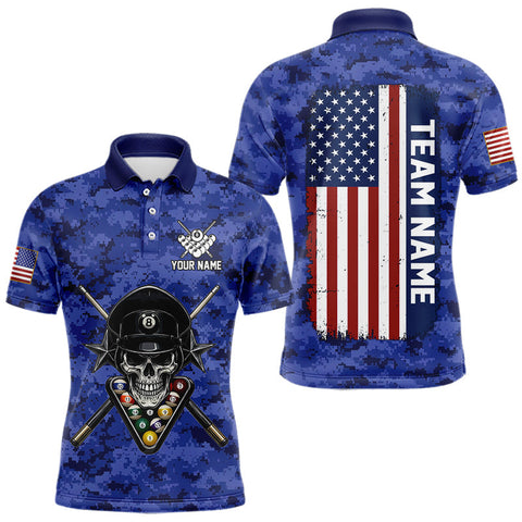 Maxcorners Personalized Blue Camo Skull Billiard Shirt For Men Custom Patriotic US Flag Pool Team Jersey LM0611