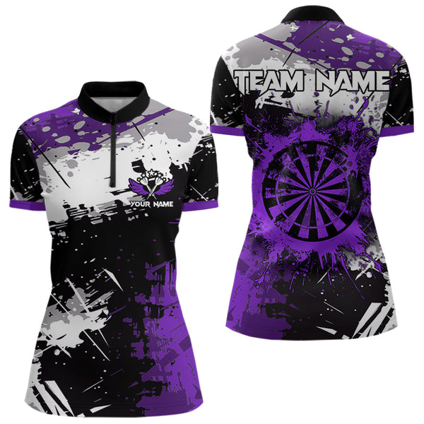 Maxcorners Grunge Purple Paint Splash Dart Polo & Quarter Zip Custom Dart Shirts For Men Darts Jerseys