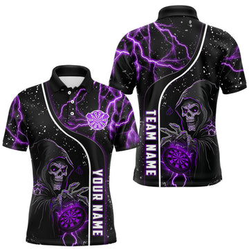 Maxcorners Custom Purple Darts Lightning Grim Reaper Polo & 1/4 Zip, Darts Shirt For Men, Darts Team Jersey