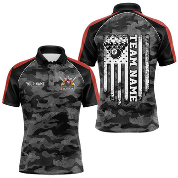 Maxcorners Personalized Grey Camo US Flag Billiard Shirts For Men, 8 Ball Pool Team Jersey Polo & 1/4 Zip|Red LM0706