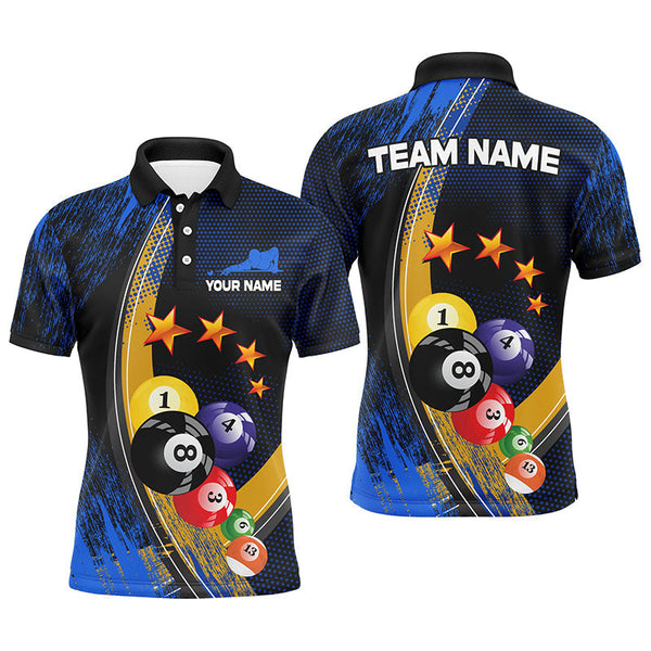 Maxcorners Custom Name Blue Billiard Balls 3D Billiard Men Polo Shirts Personalized 8 Ball Pool Polo Shirts