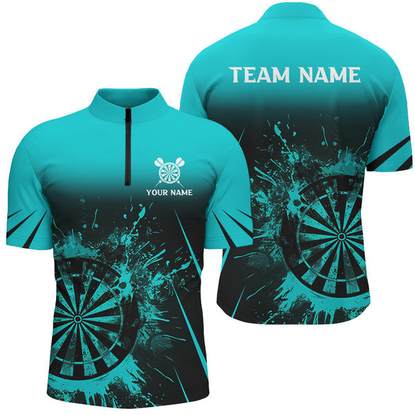 Maxcorners Turquoise Grunge Dart Polo & Quarter-Zip Shirts For Men Custom Retro Darts Board Team Dart Jerseys