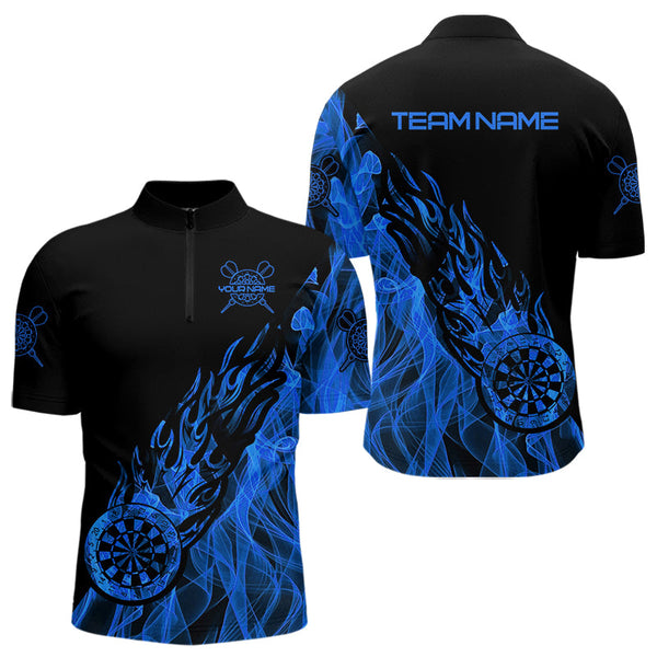 Maxcorners Black And Blue Dartboard Fire Flame Darts Polo & Quarter Zip Custom Dart Shirt For Men Dart Jersey