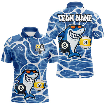 Maxcorners Blue Funny Shark 8 Ball & 9 Ball Billiard Shirt For Men Custom Pool Team Jersey Polo & 1/4 Zip