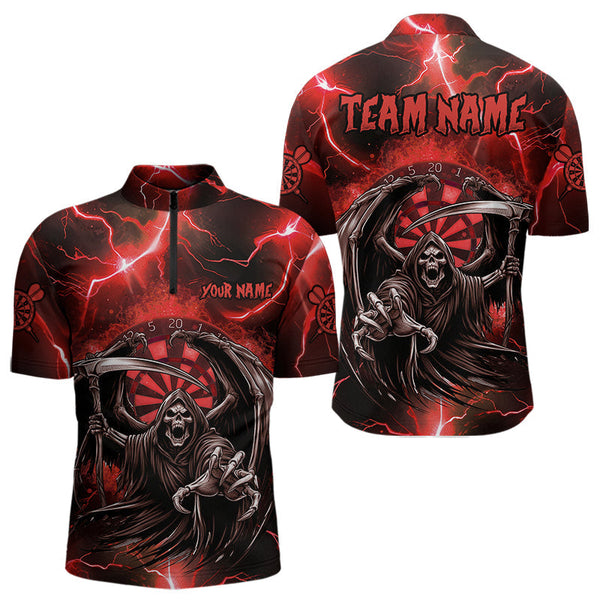Maxcorners Personalized Red Grim Reaper Custom Thunder Lightning Men Dart Shirts, 3D Darts Team Jerseys