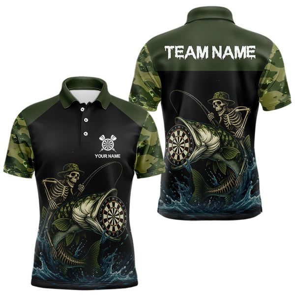 Maxcorners Funny Green Camo Skeleton Fishing Dart Shirt With Pocket Custom Men'sJersey