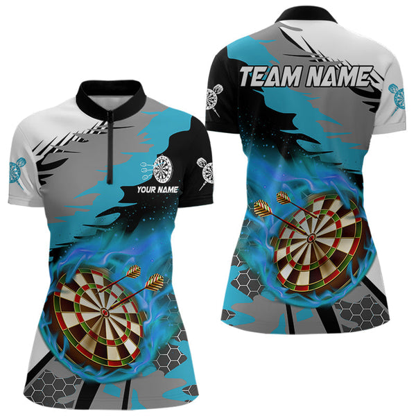 Maxcorners Blue Dartboard Fire Flame Paint Splash Dart Shirt Polo & 1/4 Zip For Men Custom Dart Team Jersey MT1706