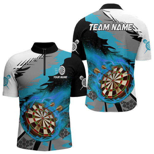 Maxcorners Blue Dartboard Fire Flame Paint Splash Dart Shirt Polo & 1/4 Zip For Men Custom Dart Team Jersey MT1706