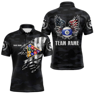 Maxcorners Personalized Camouflage US Flag Billiard Shirt For Men, Funny Patriotic 10 Ball Wings Pool Jersey
