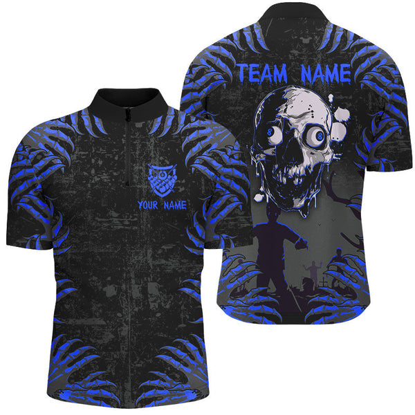 Maxcorners Funny Skull Claw Pattern Custom Men Billiard Shirts, Grunge Blue Black Cool Billiard Jerseys