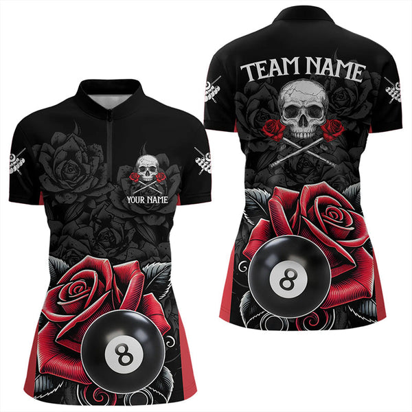 Maxcorners Black And Red 8 Ball Pool And Roses Custom Skull Billiard Shirts For Men, Unique Billiard Jerseys