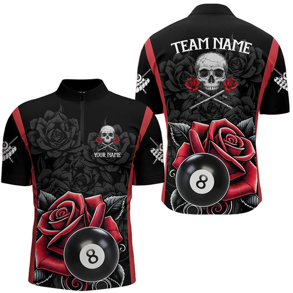 Maxcorners Black And Red 8 Ball Pool And Roses Custom Skull Billiard Shirts For Men, Unique Billiard Jerseys