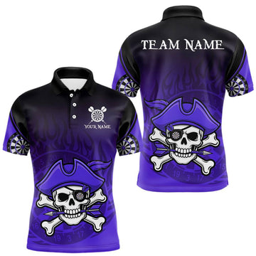 Maxcorners Black Purple Funny Pirate Flame Skull Darts Shirt For Men Custom Dart Jerseys Team Polo & 1/4 Zip LM0901