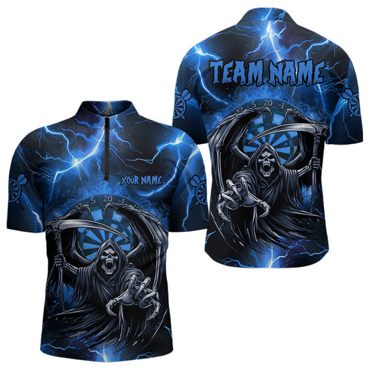 Maxcorners Personalized Blue Death Skeleton Custom Thunder Lightning Men Dart Shirts, 3D Darts Team Jerseys