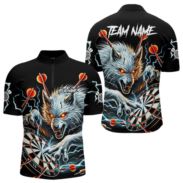 Maxcorners Personalized Wolf Thunder Lightning Darts Polo, Quarter Zip Custom Dart Shirts For Men Darts Jersey
